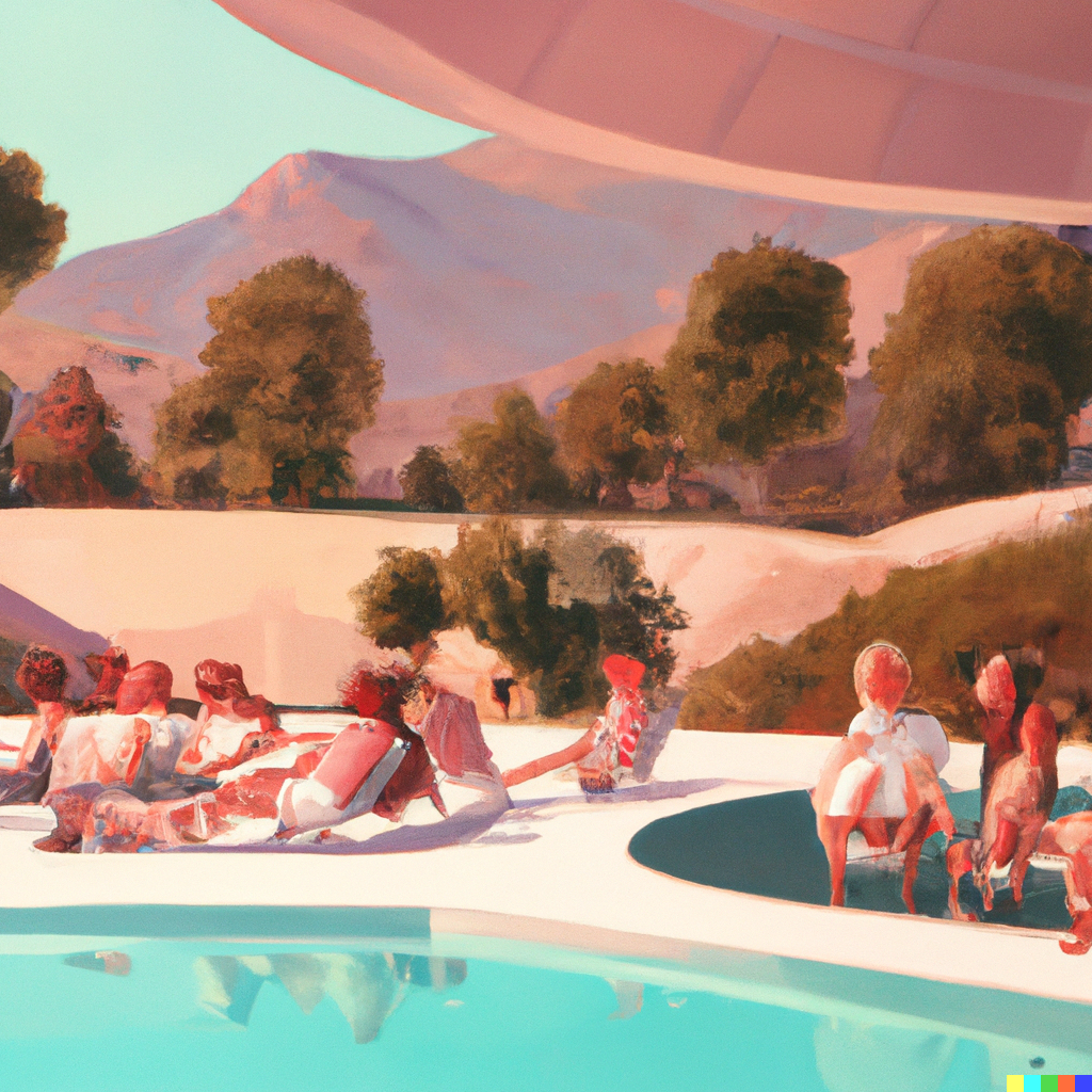 A mid-century scene in California with people reading while lounging around a pool